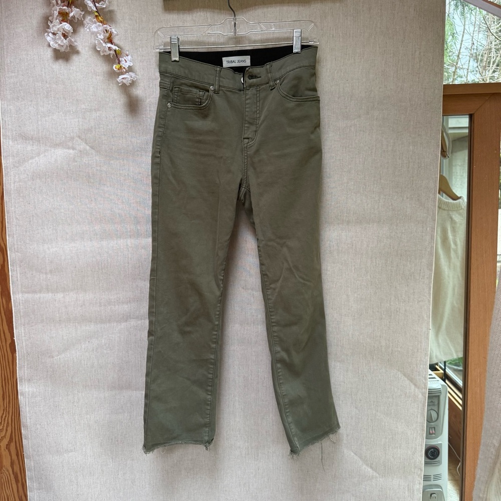 Tribal Olive Green Straight-Leg crop Jeans
